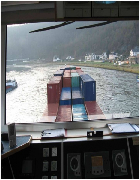 Blick von der Kapitänsbrücke auf den Rhein